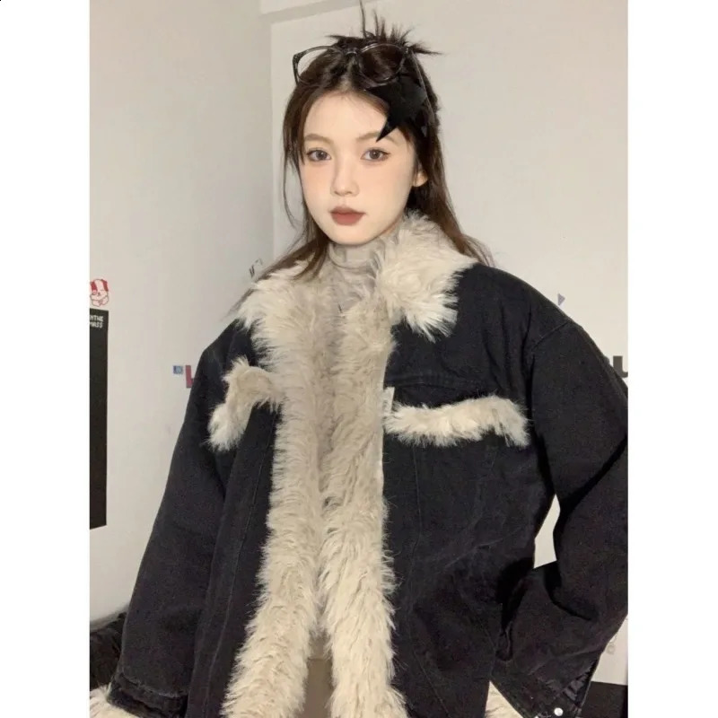 American Retro Fur Collar Black Cardigan Denim Jacket Women Autumn Winter Plush Thickened Fashion Street Casual 241223
