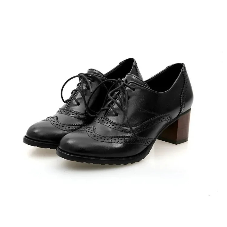 Women Pumps Round Toe 5.5cm Wood Heels Platform Brogue Student Carved Retro Lace-Up Classic Spring 241225