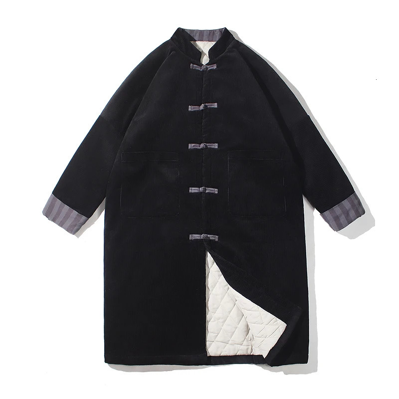 2023 Autumn Winter Men Retro Kung Fu Long Parkas Mens Corduroy Cotton Padded Jacket Windbreaker Male Warm Vintage Trench Coat 241225