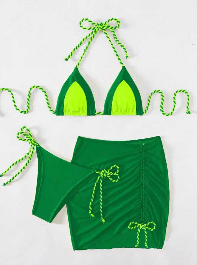 New 3-piece swimsuit womens thong swimsuit sexy striped bikini with sarong drag skiing beach swimsuit yellow greenW241225