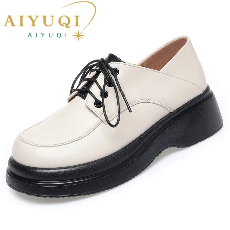 AIYUQI Loafers Women Genuine Leather Wedge Women's Spring Shoes Casual British Style Lace-up Women's Shoes