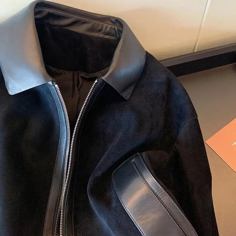 Retro Black Patchwork Lapel Jacket for Womens Autumn High-end Suede Slimming Short Top 241220