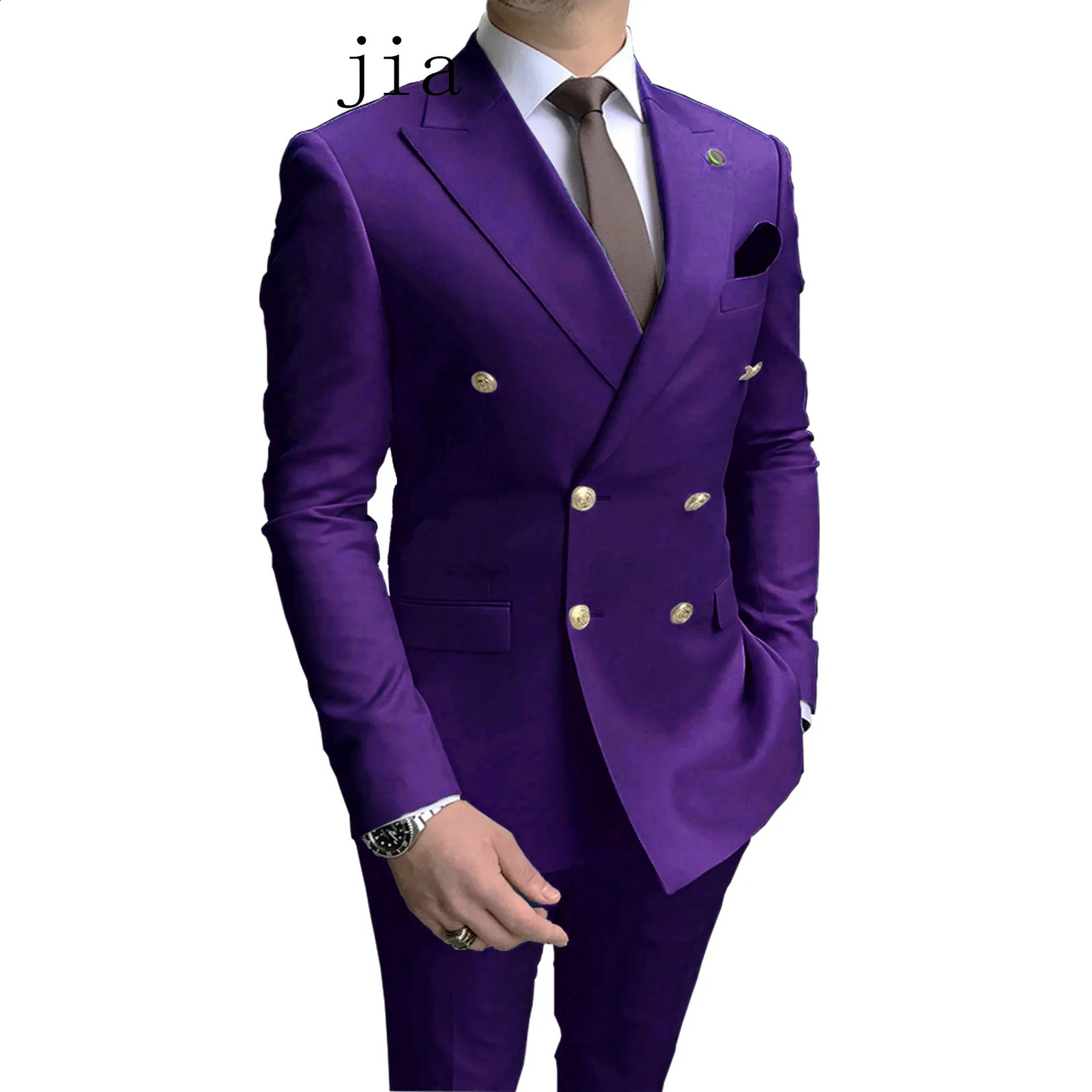 2024 Fashion Mens Business Double Breasted Solid Color Suit Coat Male Slim Wedding 2 Pieces Blazers Jacket Pants Trousers 241223