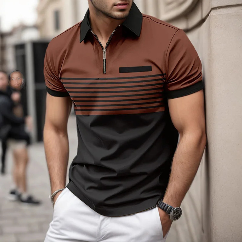 Summer Mens short sleeved Polo shirt 3D striped digital printed polo mens business casual zipper lapel Button top 241225