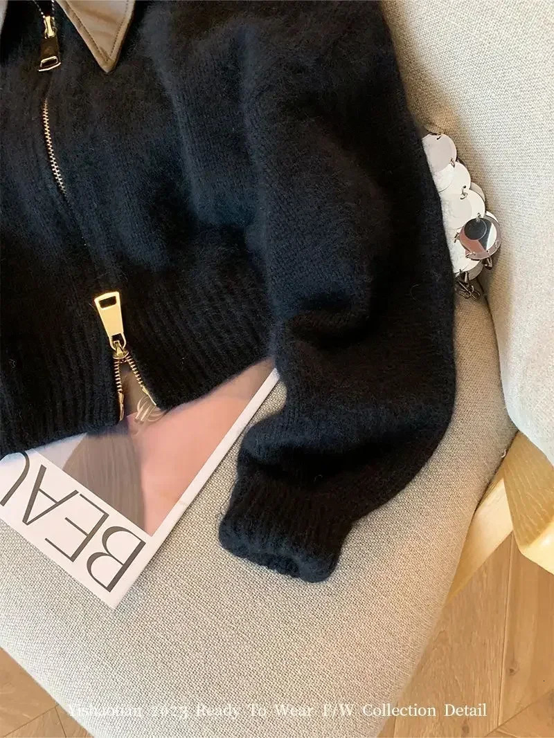 Full Sleeve Solid Women Turn Down Collar Loose Casual Knitted Coats Zipper Autumn Winter 2024 Regular Splice Sweaters Cardigan 241225
