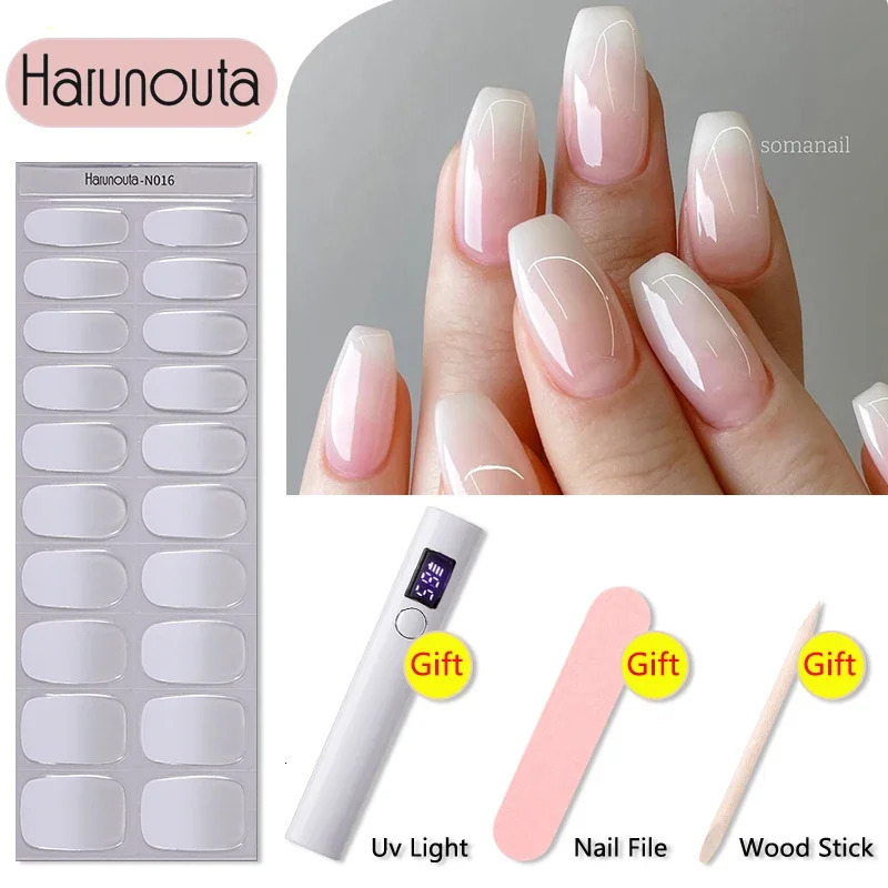 Harunouta 4Pcs/Set Semi Cured Gel Nail Strips with Nail Dryer Nail File Wooden Stick Milky Opal Sparkly Shinning LED Cured Wraps 241225