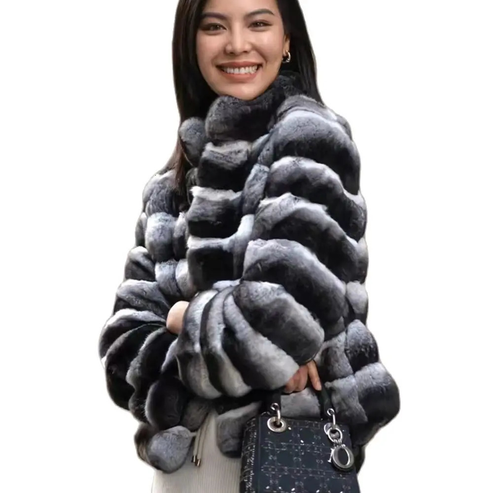 2024 womens Chinchilla striped jacket Real Rex Rabbit fur allinone coat length 60cm package mail winter thic 241225