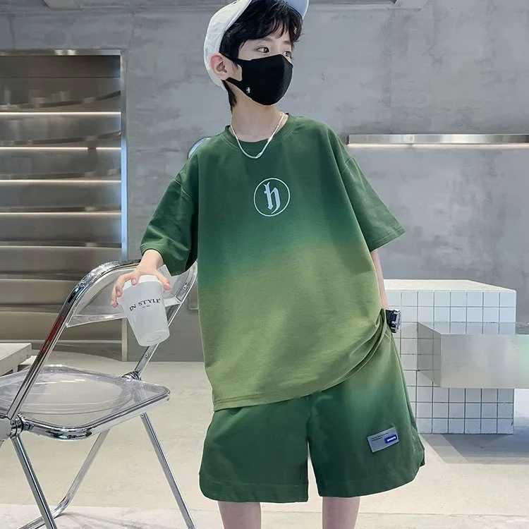 Clothing Sets Childrens clothing summer sports short sleeved set for boys summer new childrens boys clothing gradient Tshirtshorts twopiece sportswY24