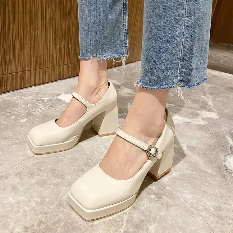 Platform Pumps Womens Square Toe Thick Heels Mary Janes Womens Patent High Heels Party Shoes Square Toe Square Heel 241225