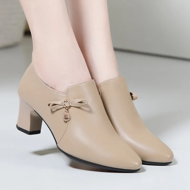 Spring Autumn Comfortable Fashion Deep Mouth Soft Leather Shoes Womens Platform Pumps Office Fall Med Block Heels Versatile 241225
