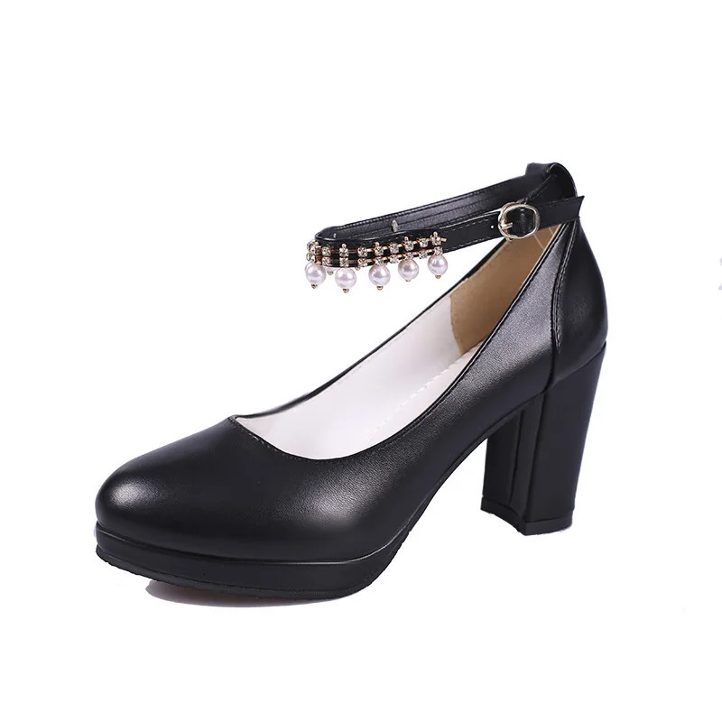 Womens Wedding Shoes String Bead Ankle Strap Elegant Middle High Heel Dress Platform Bridal Pearl Pumps 8cm Autumn Leather 241225