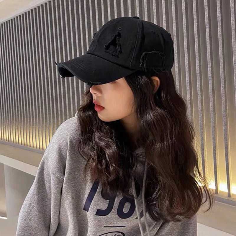 New Distressed Held Womens Baseball Hat Solid Color Pure Cotton Snap Cap Hip Hop Korean Punk Cotton Peaked Hat W241225