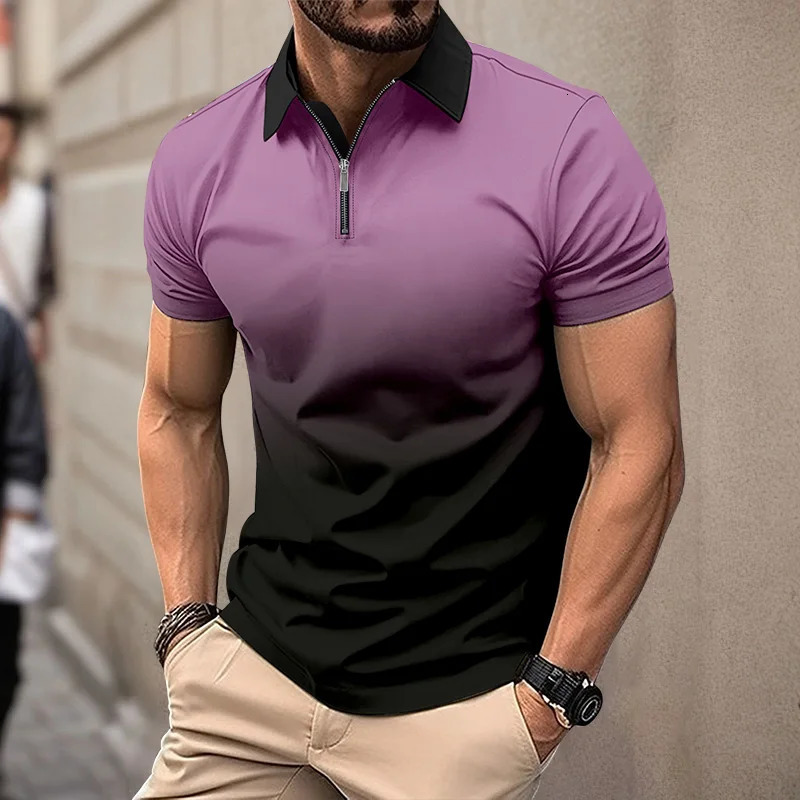 Summer Mens short sleeved Polo shirt 3D striped digital printed polo mens business casual zipper lapel Button top 241225