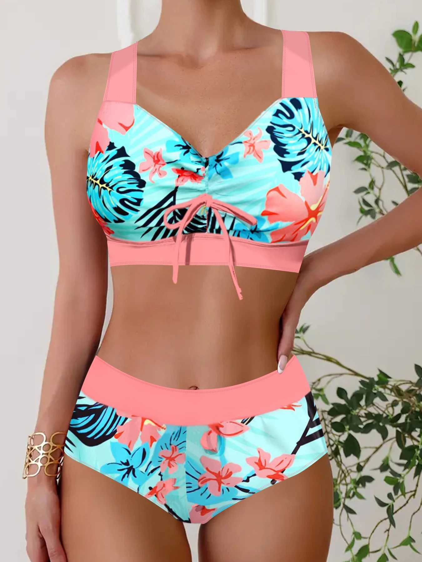 Summer Fashion Comfortable Resort Swimsuit Womens Seaside Bikini Pink Printed Swimsuit Two Piece S-6XLW241225
