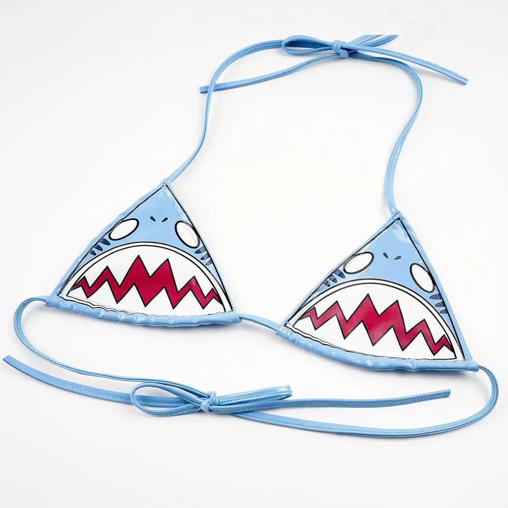 Sexy Bikini 2024 Womens Shark Printed PU Swimsuit Split Swimsuit Low Waist Leather Bikini Set Beach SwimsuitW241225