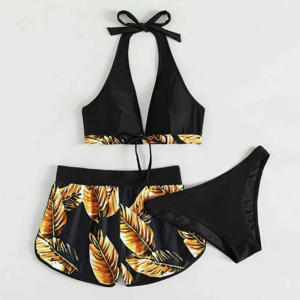 Womens 2024 new bikini 6-color sexy suspender bikini 3-piece set with leaf print high waist swimsuit beach swimsuit S-XXL sizeW241225