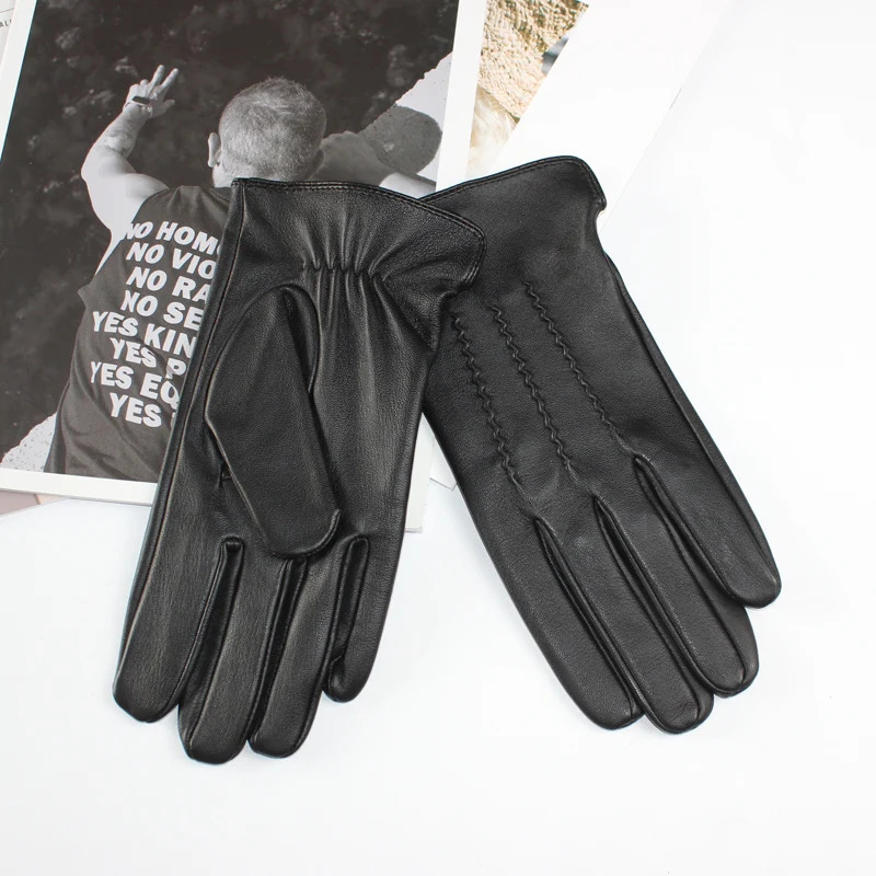 Mens Sheepskin Driving Gloves Solid Color Thin Single Leather Unlined Touch Screen Fashion Ripple Riding Motorcycle Gloves 241225