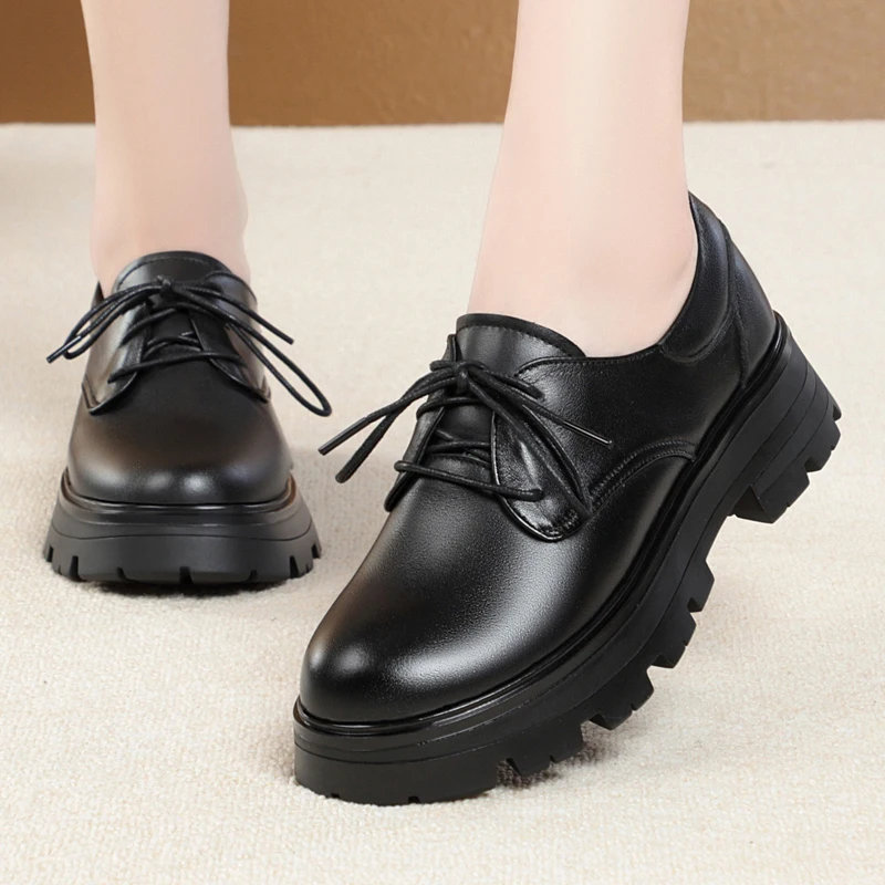 AIYUQI Women's Shoes Large Size Autumn Genuine Leather Lace Female Loafers Thick Bottom Female Oxford Shoes