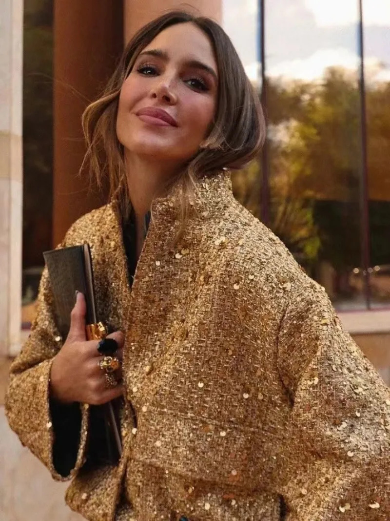 Womens Sequined Bomber Jacket Fall Round Neck Long Sleeve Pocket Stretch Hem Sequins Jacket Coat Female Chic Outerwear 241223