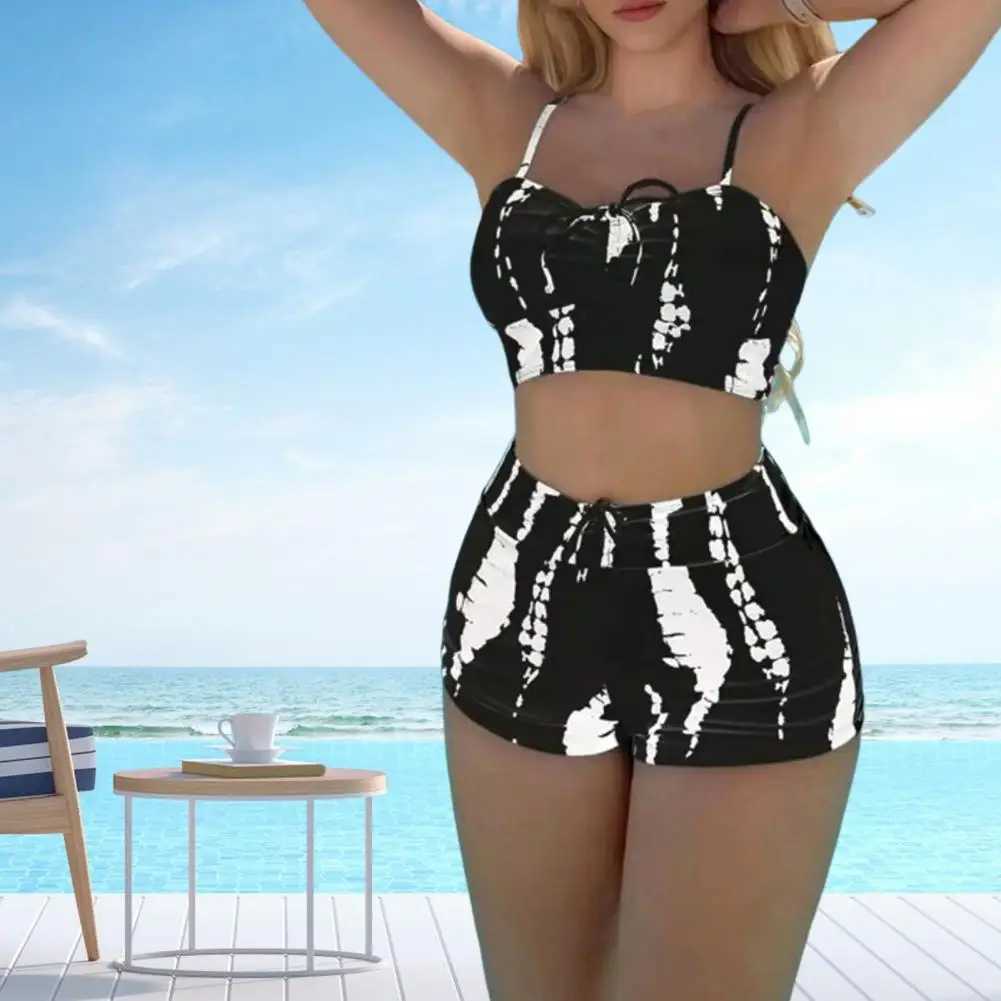 High waisted swimsuit contrasting lace spaghetti strap bikini set with push up pad top waist bottom femaleW241225