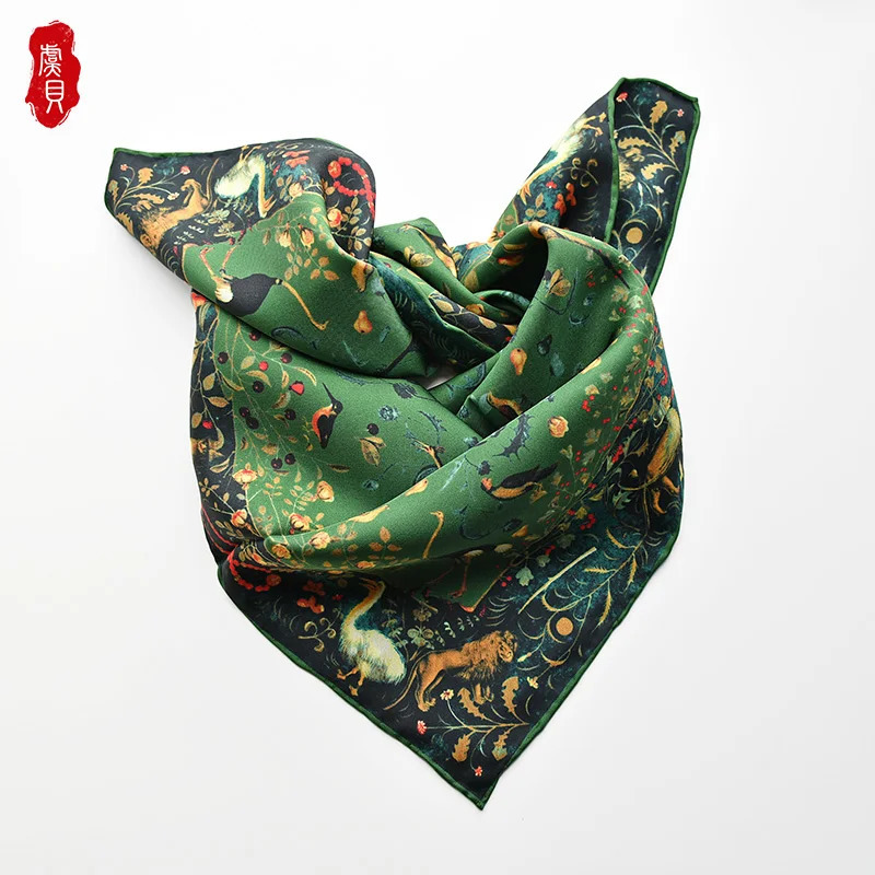 Army green natural silk scarf women printed bird faux real silk twill scarves wrap shawl square 65cm bandana lady bufanda 241225