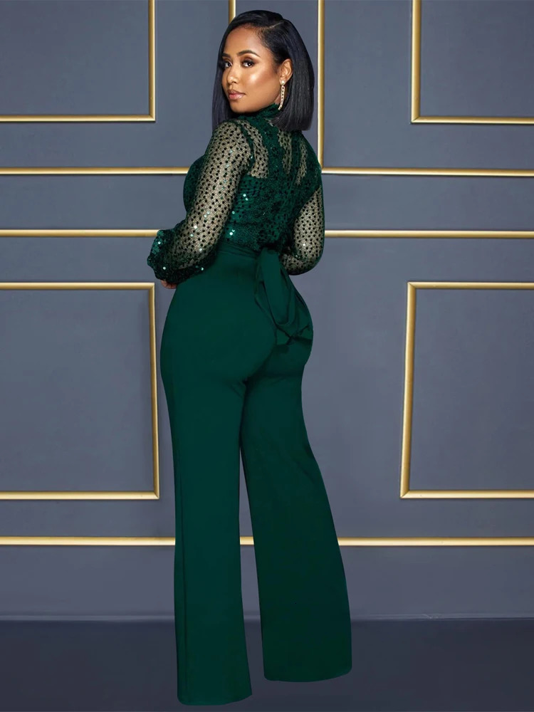 Solid Color High Necked Elegant Long Jumpsuit Women Sleeve Full Body Sexy Mesh Perspective Lace Up Female 241225