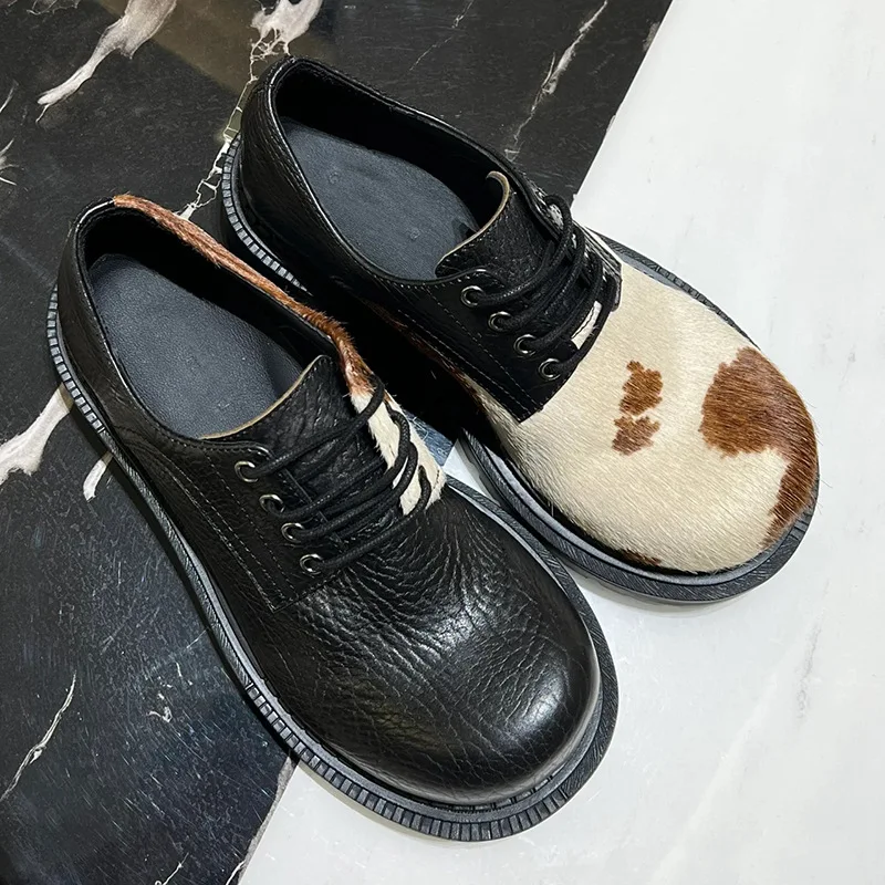 Style Horsehair Women's Derby Shoes Thick Heel Fashionable Loafers Women Left and Right Color Matching Female Shoes