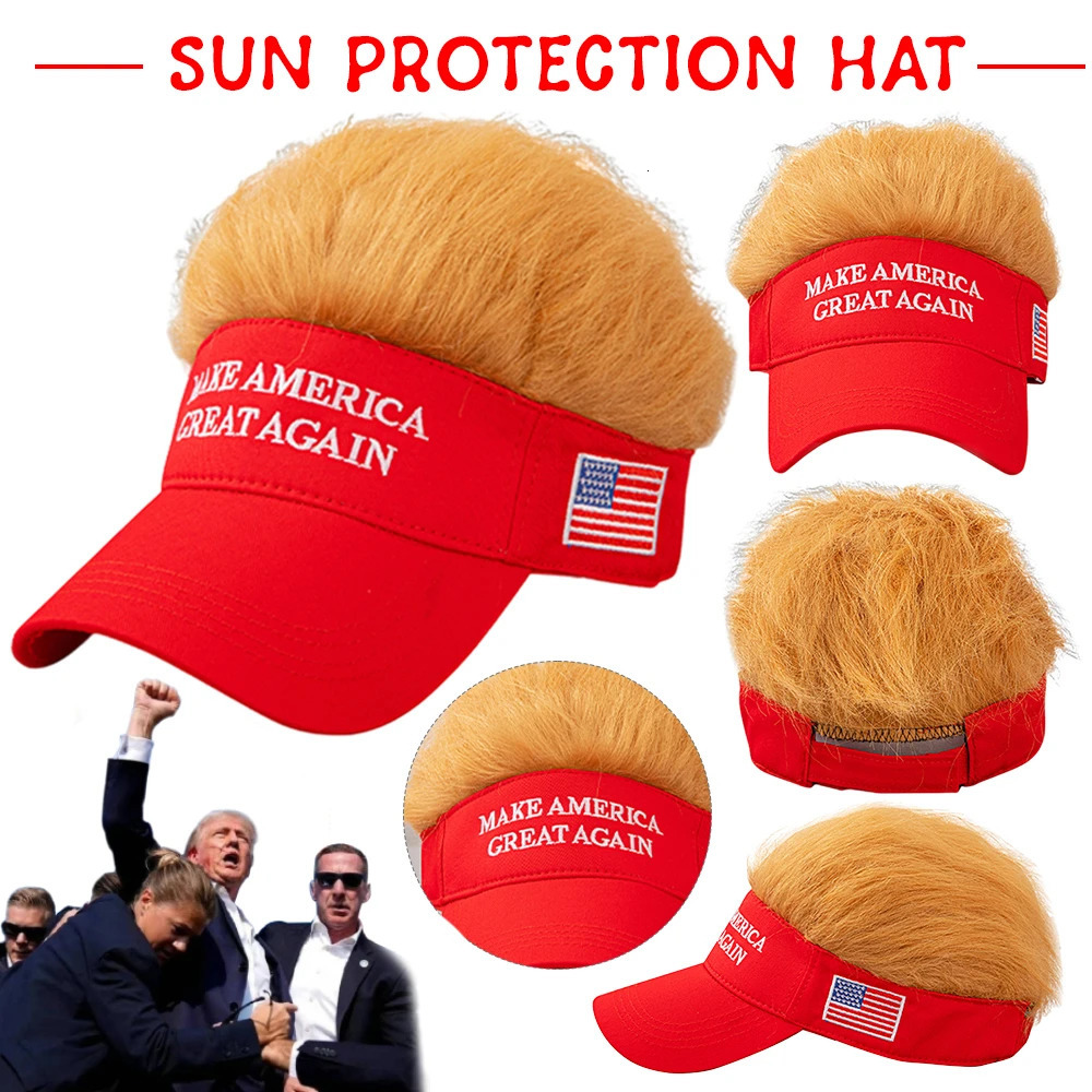 Trump 2024 Hat with Hair Embroidered Baseball Cap Funny Wigs Half Hat Adjustable Yellow Wig Hat Breathable for Outdoor Sports 241225