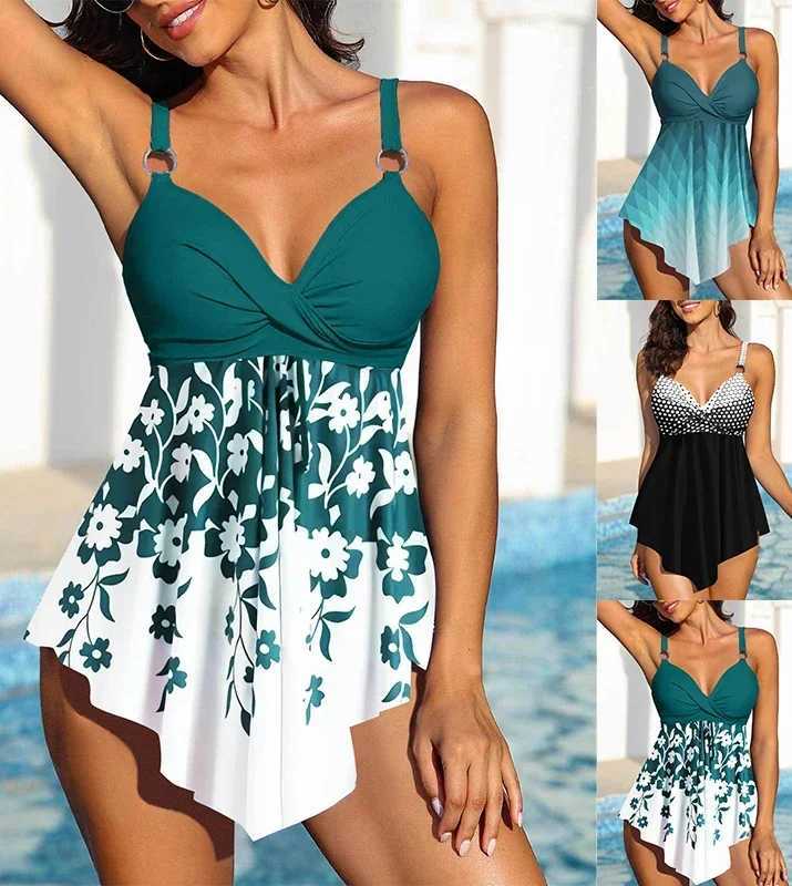 Womens beach wear with leaf print womens Tankini swimsuit two-piece bikini set beach wear S-6XLW241225