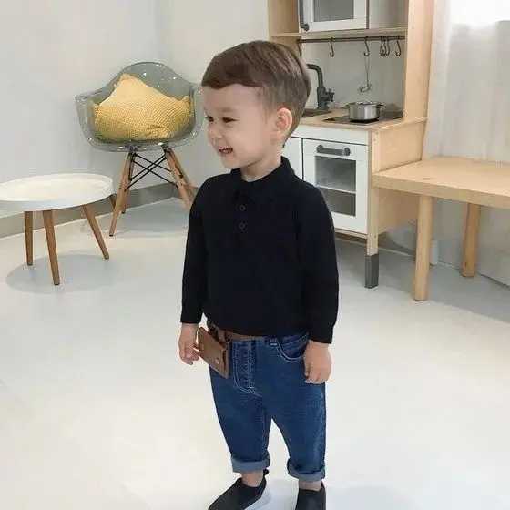 Boys Spring And Autumn Sweater 2023 New Childrens All-match Polo Small Lapel Knitted Shirt For Boys Girls Base Shirt Baby TopsXJ241225