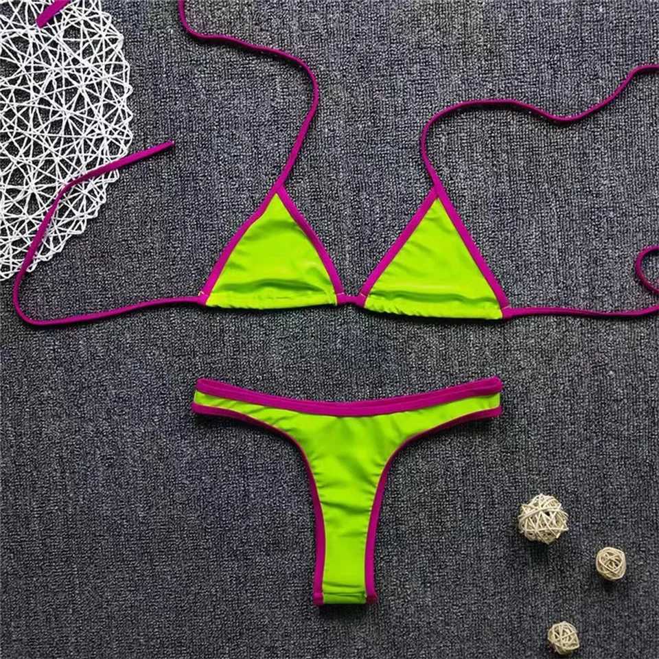 Womens sexy bikini set low waisted V-shaped thong solid color ultra-thin no pad front buckle swimsuit summer beachwearW241225