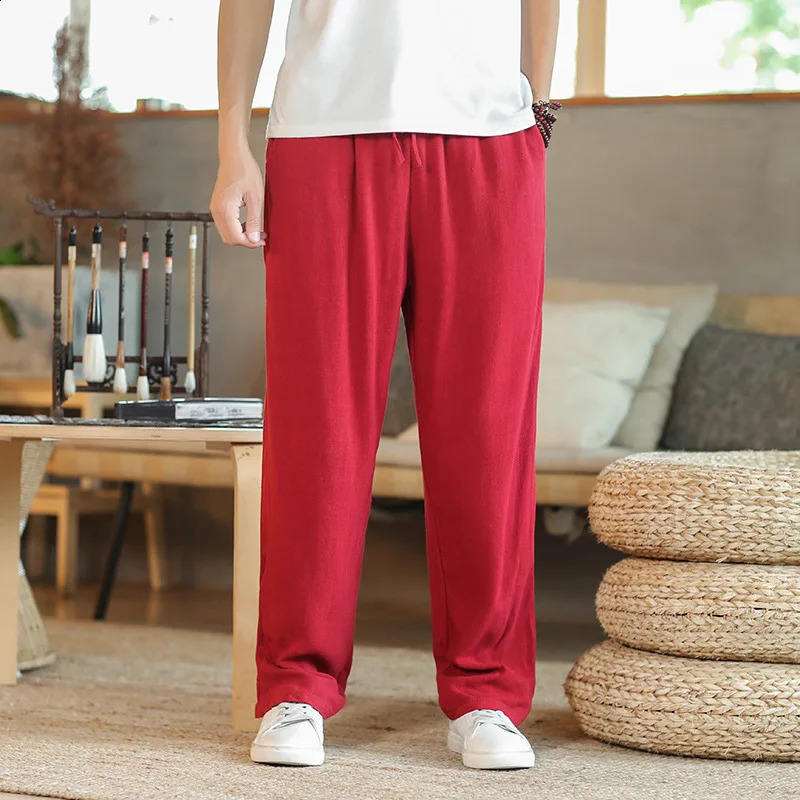 Chinese style linen mens loose cotton linen straight leg pants mens linen casual pants 241219