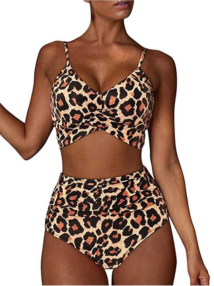 Womens high waisted push up swimsuit sexy leopard print cross bandage swimsuit womens bikini set plus size swimsuit 2024W241225