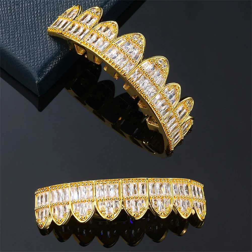 Teeth Grillz Prong With Bling AAA Baguette Stones Silver Color Eight Top Bottom Vampire Grills Set For Hip Hop GiftXJ241225