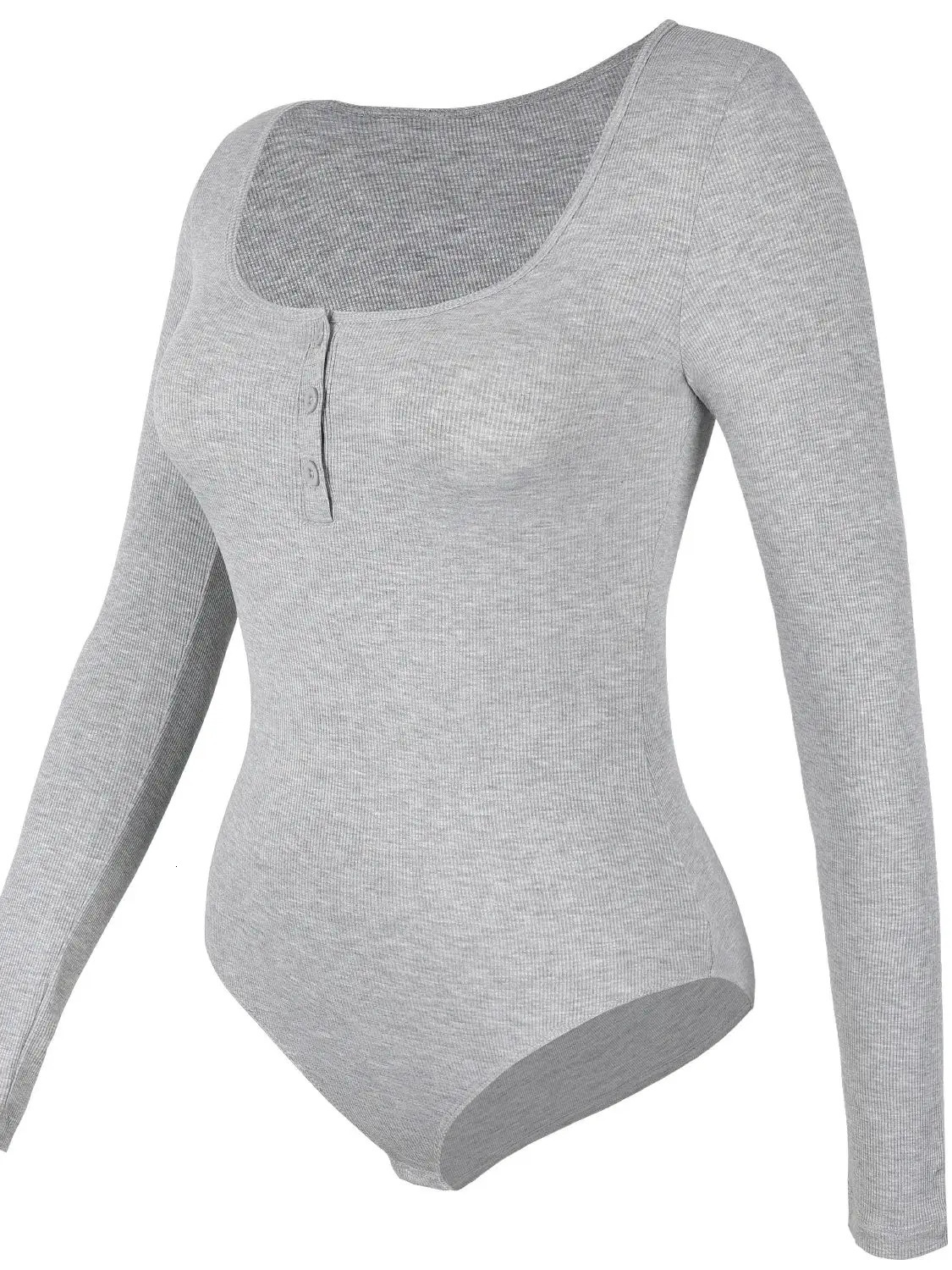 U Neck Long Sleeve Bodysuit Fashion Thong Threaded with Buttons Sexy Solid Color Autumn Winter Streetwear Female in 241225