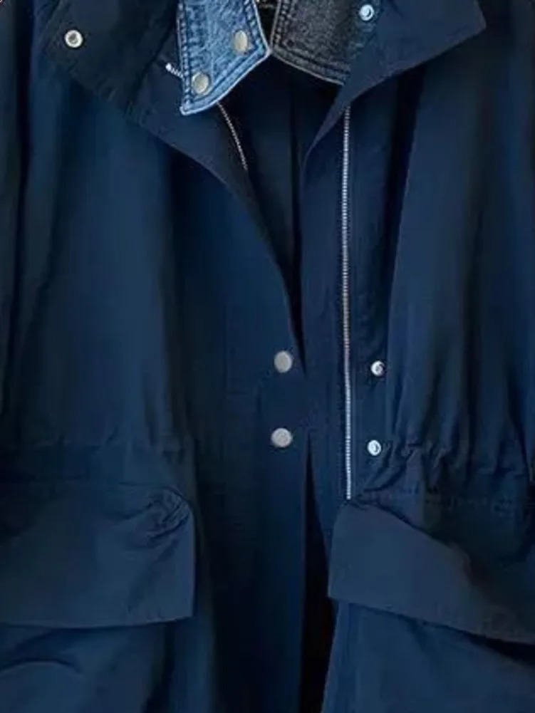 Womens denim Callor spliced khaki windproof jacket womens spring and autumn vacation two-piece streetwear womens coat 241219