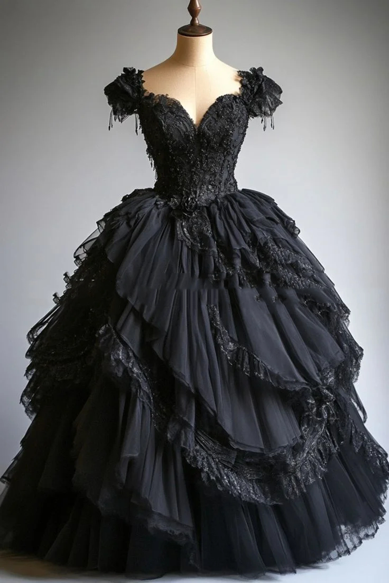 2025 Gothic Black Ball Gown Prom Dresses Off The Shoulder Tiered Floor Length Special Occasion Gowns Lace Appliques Beaded Vintage Victorian Evening D
