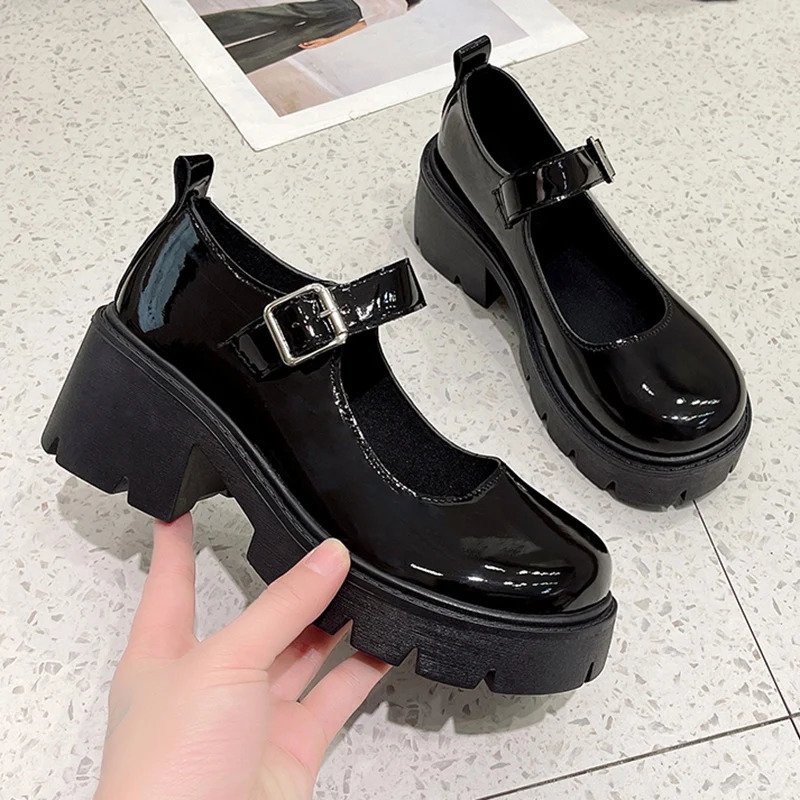 Black Ankle Buckle Platform Pumps Women Japanese Style Patent Leather Mary Jane Shoes Woman Punk Thick Heels Lolita Shoes Mujer 241225