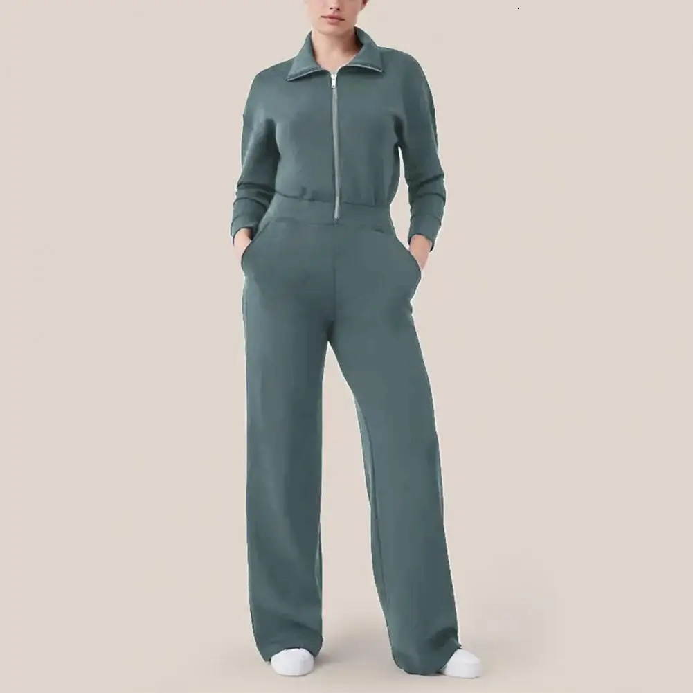 Wide Leg Jumpsuit Cozy Lapel Zipper Jumpsuit for Women Solid Color Ninth Sleeve Wide Leg with Pockets Fall Winter Lady Outfit 241224