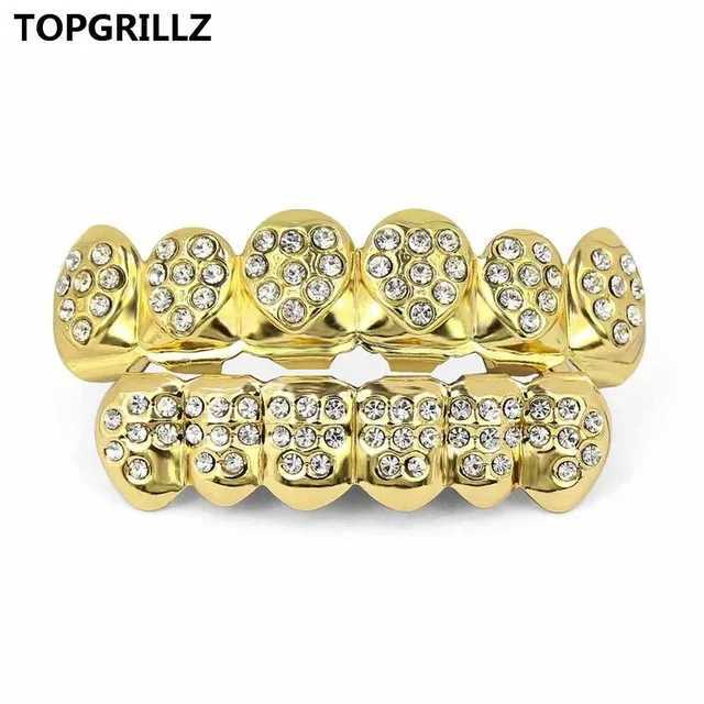 TOPGRILLZ Gold Color Plated CZ Rhinestone Hip hop Heart-Shed Tooth Grillz Top Bottom GRILLS Set Teeth Gift For FriendsXJ241225