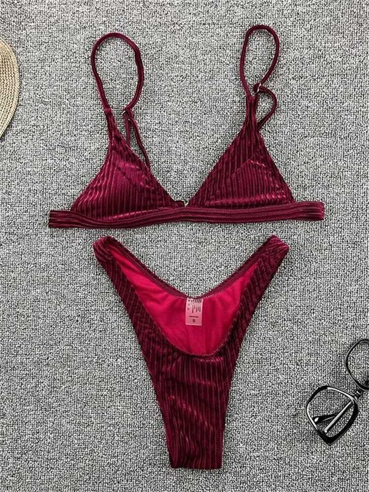 String swimsuit womens sexy bikini solid swimsuit triangle swimsuit shiny Biquini mini thong summer swimsuitW241225
