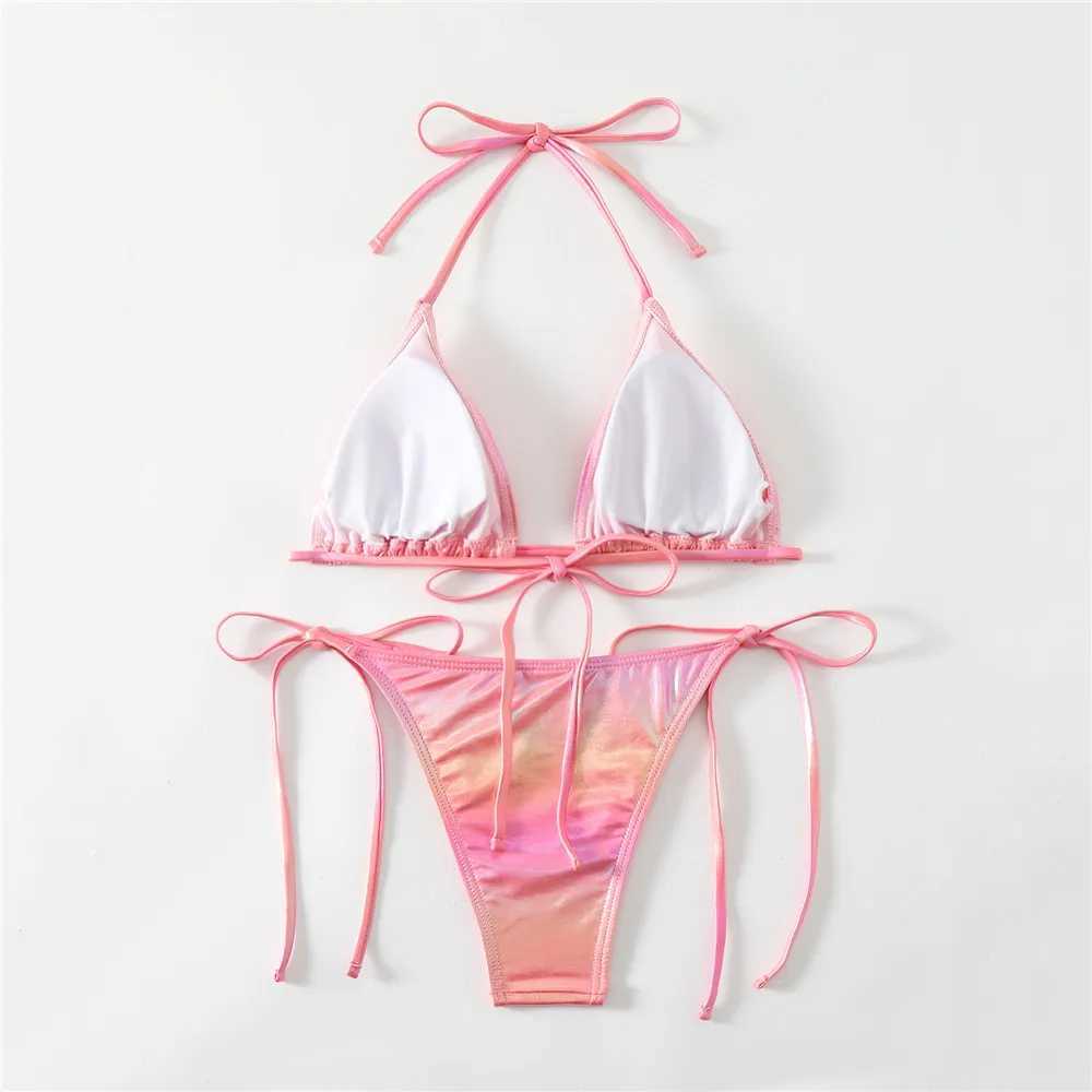 shiny swimsuit suspender mini bikini thong sexy swimsuit womens swimsuit mini triangLE bikini setW241225
