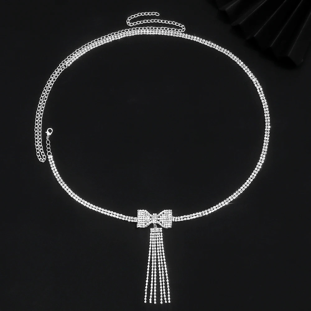 Simple Y2k Tassel Bow Waist Chain Double-Row Body Woman Accessories Sexy Jewelry Bling Rhinestone Belly Chain Bikinis Beach 241225