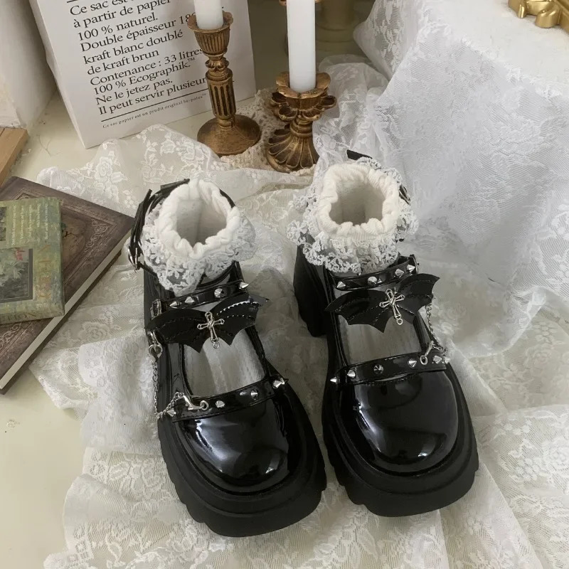 Lolita Shoes for Women Punk Platform Pumps Japanese Patent Leather Mary Jane Shoes Black Goth Footwear 241225
