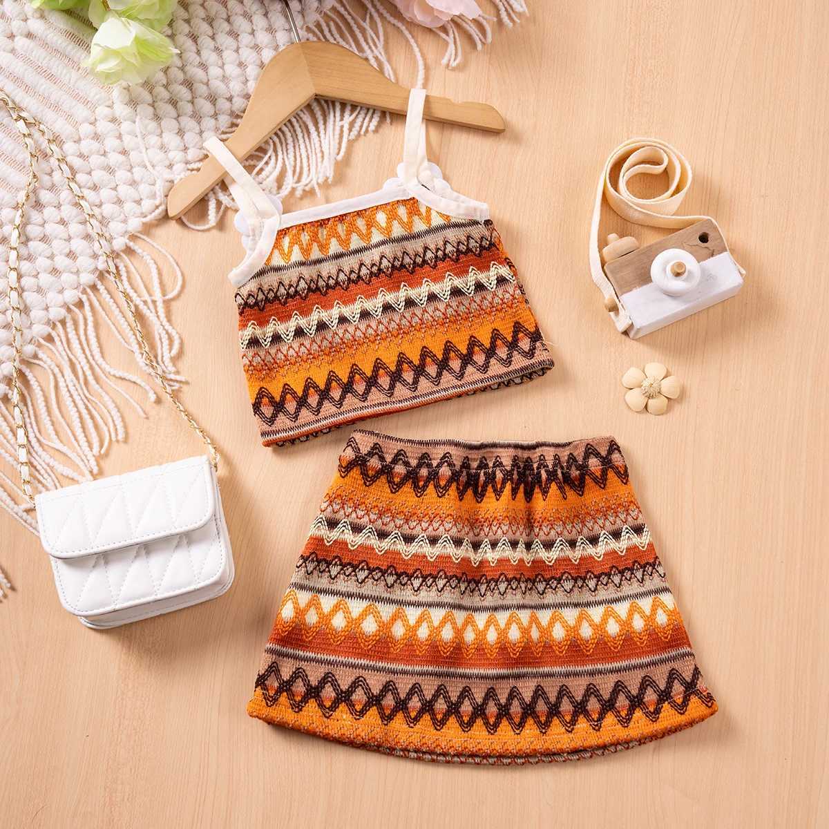Clothing Sets Baby Girl Fashion Summer Set Knitted Floral Camisole Vest + Skirt 2pcs Colourful Wave Stripes for Toddler Daily WearY241225X3EG