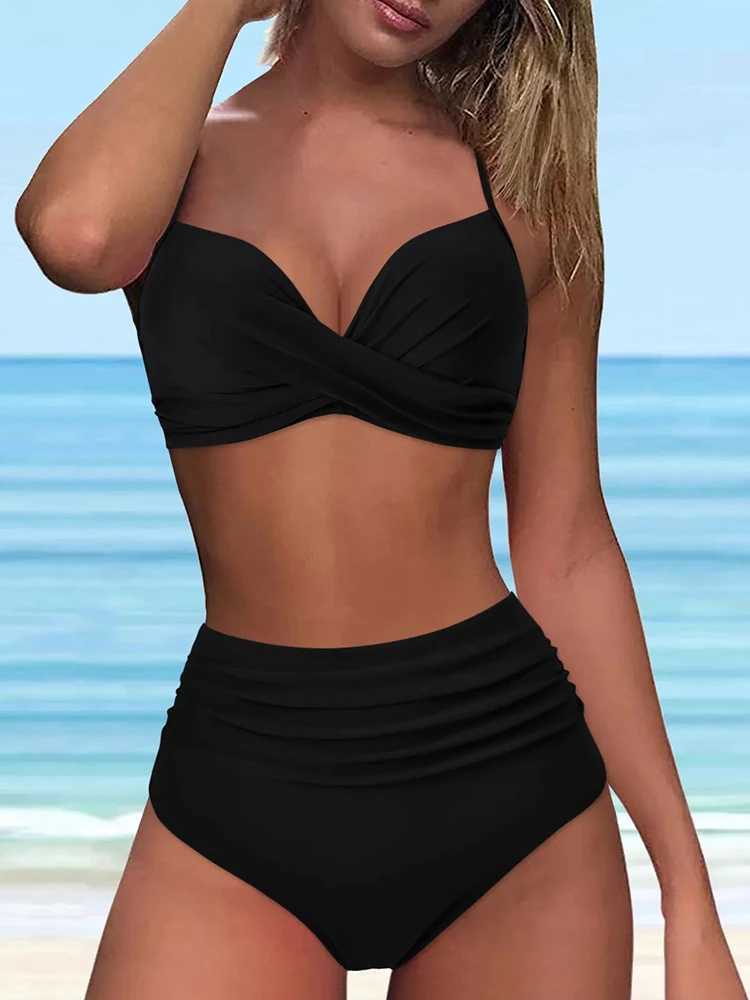 OIINAA swimsuit womens floral print sexy solid bikini set leopard print beachwear swimsuit 2024 two-piece pleated swimsuitW241225