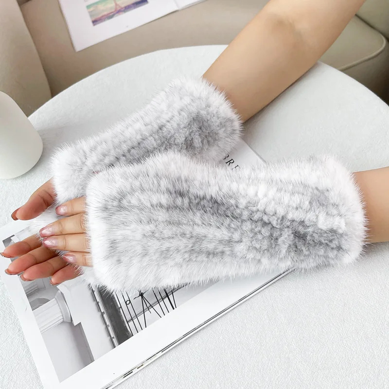 Top Quality Womens 100% Winter Warm Real Mink Fur Knitted Half Finger Gloves Girls Typing Mittens 241225