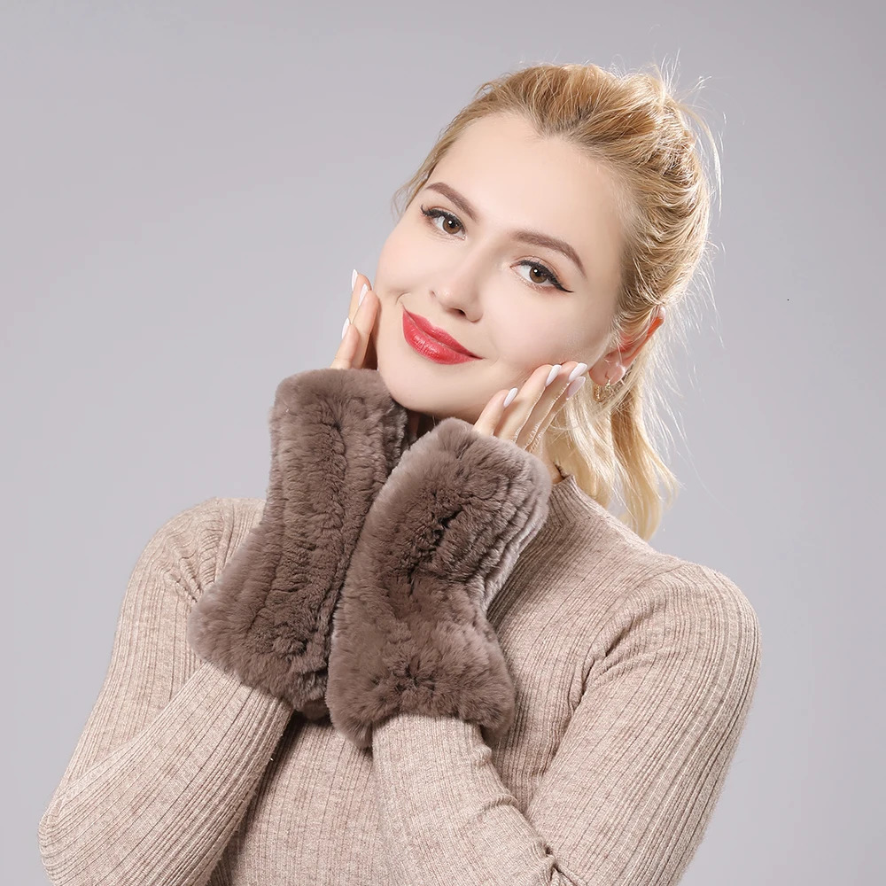 Women 100% Real Genuine Knitted Rex Rabbit Fur Mittens Winter Warm Lady Real Fur Fingerless Gloves Handmade Knit Fur Mitten 241225