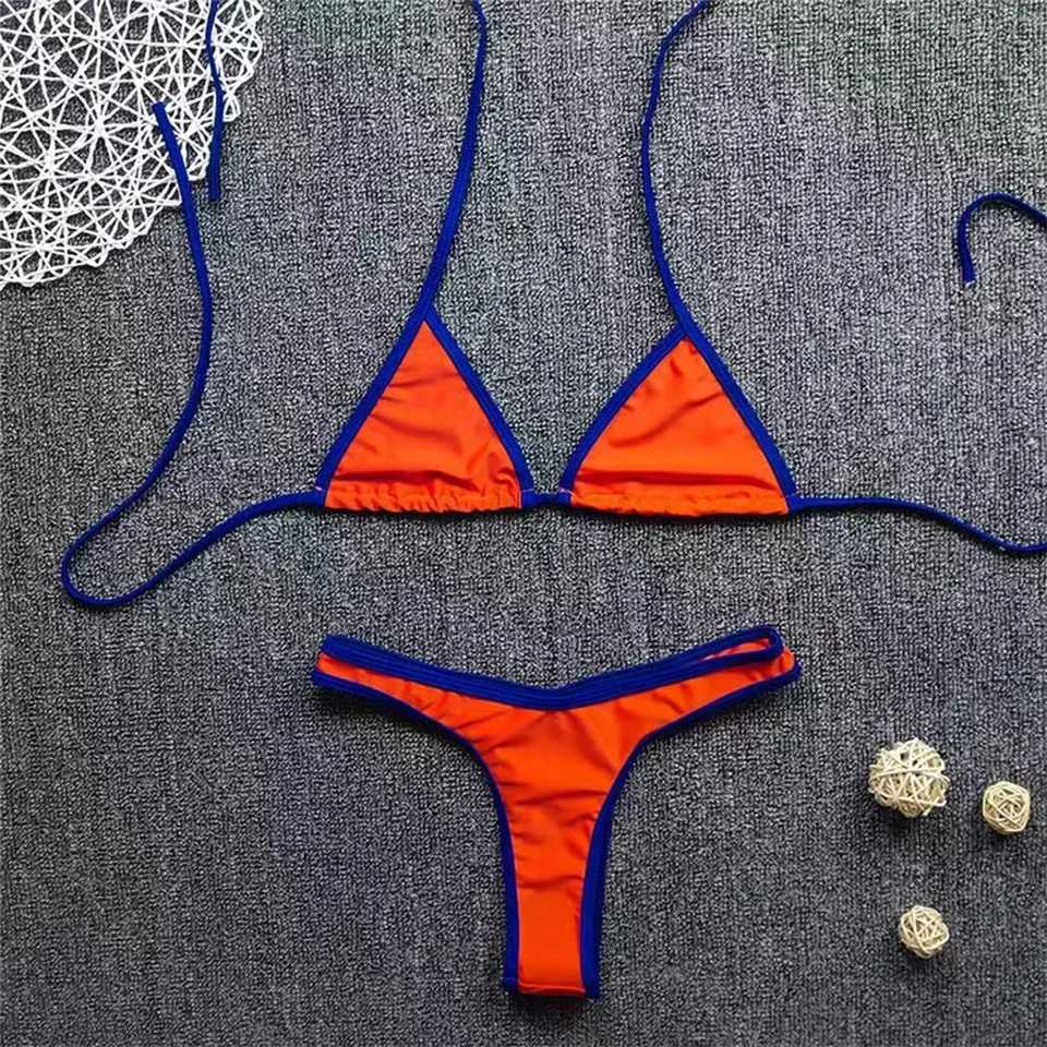 Womens sexy bikini set low waisted V-shaped thong solid color ultra-thin no pad front buckle swimsuit summer beachwearW241225