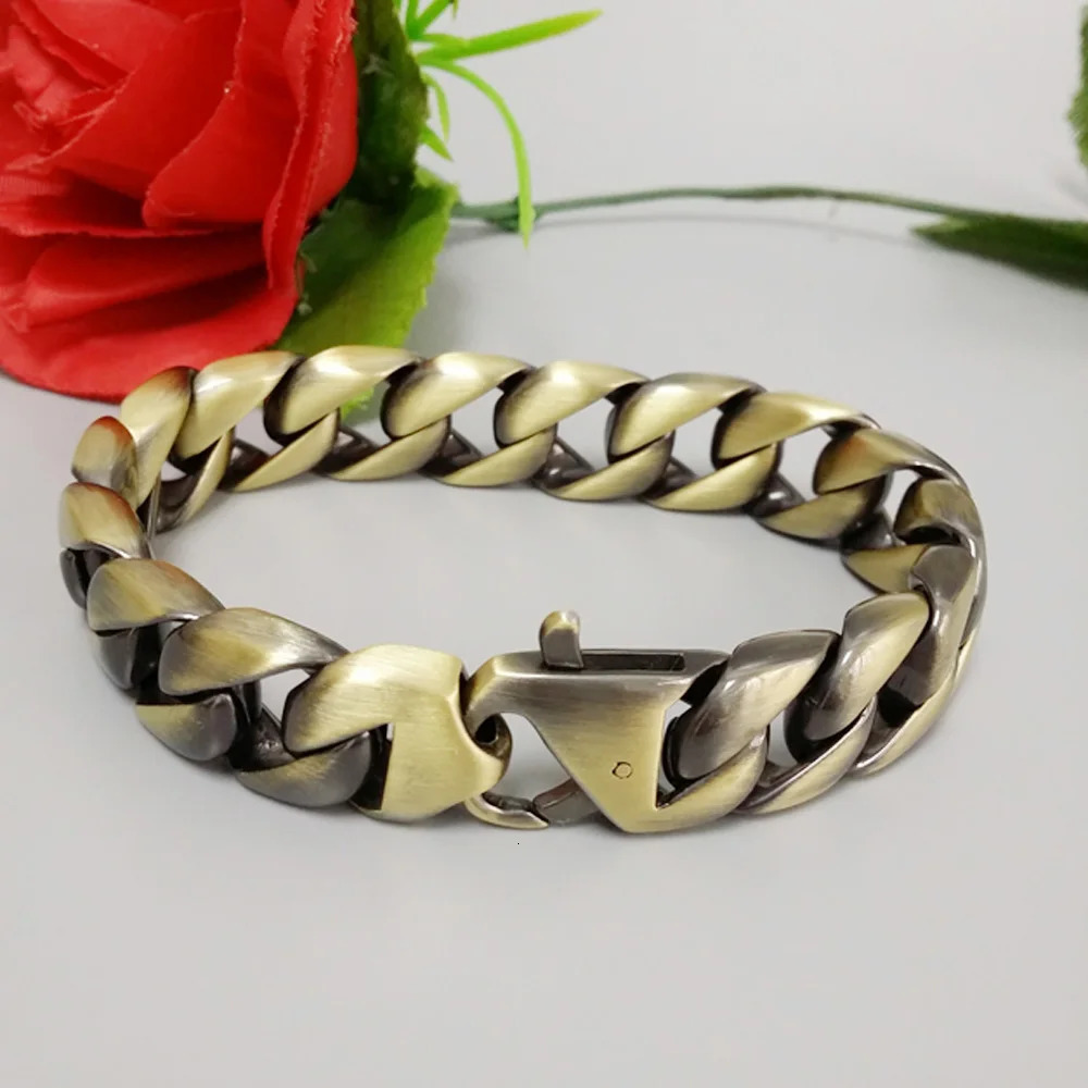 Vintage Bronze Matte Polished Mens Bracelet Curb Cuban Link Chain 316L Stainless Steel Bracelet 15mm Hip Hop Jewelry Gift 241225